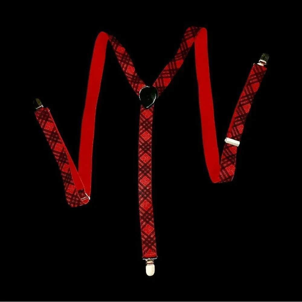 Vintage 70’s red and black plaid suspenders with silver metal clasps!
